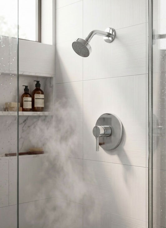 Onyx Elements modern chrome shower faucet and head set installed in a white tiled bathroom with steam.