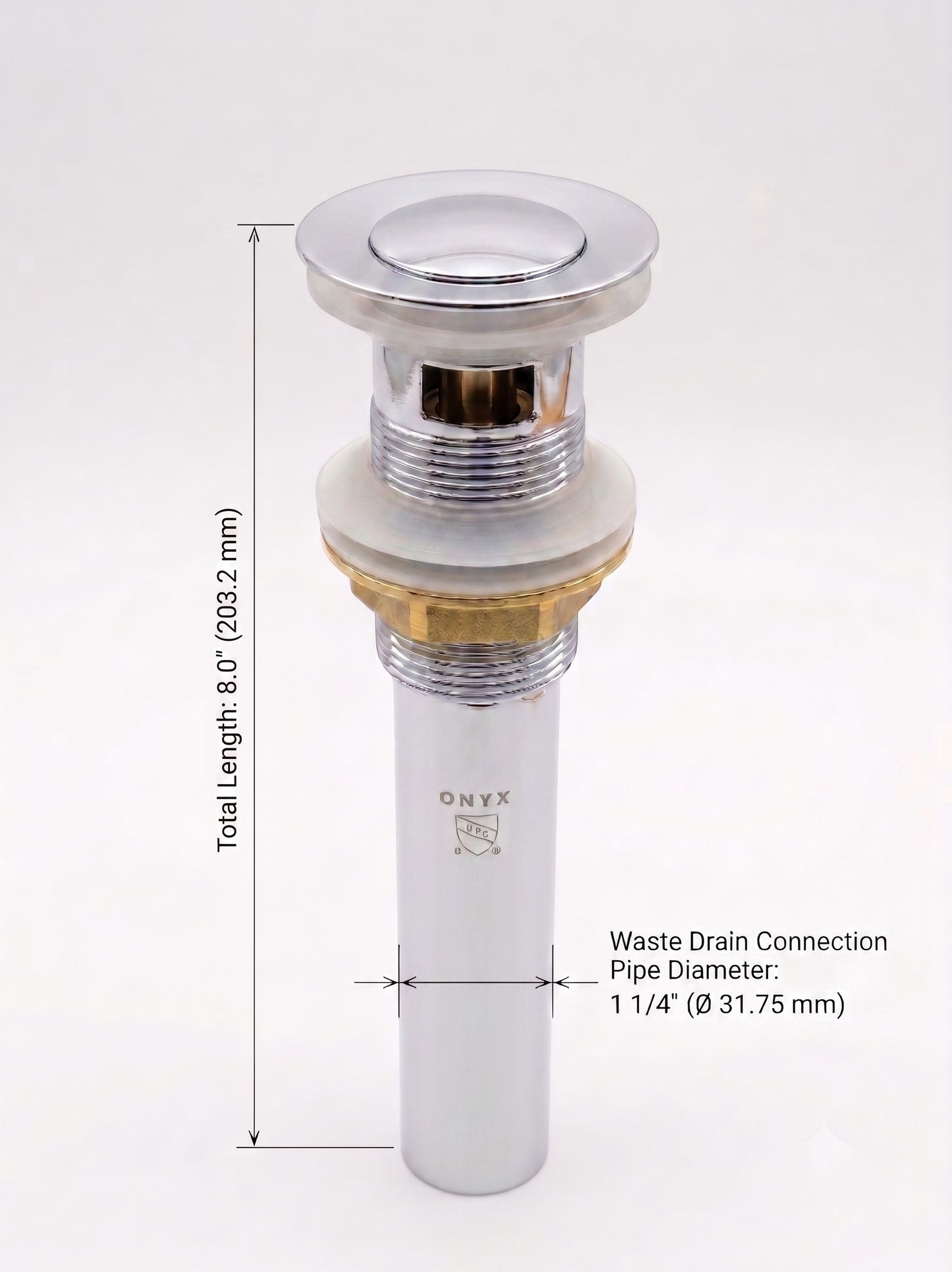 Onyx Elements chrome bathroom sink pop-up drain assembly with labeled dimensions and pipe diameter specifications.