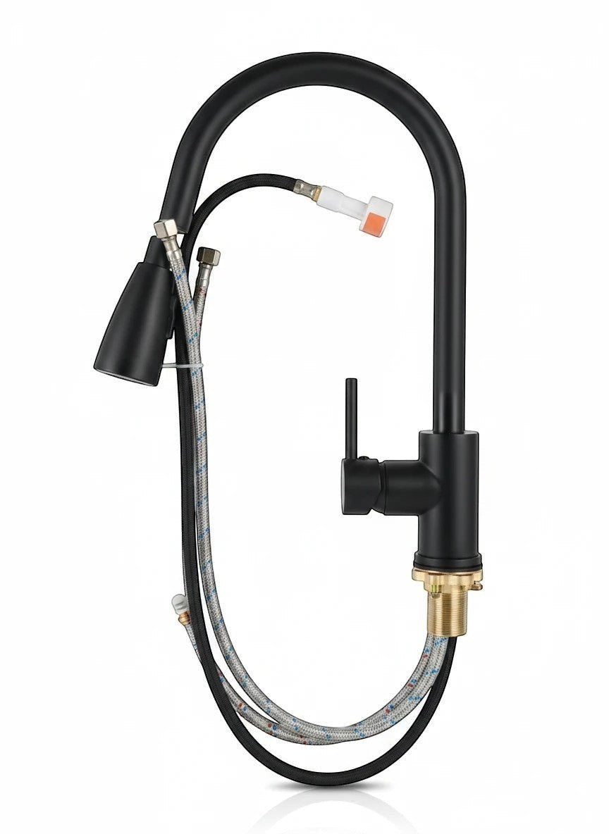 Onyx Elements modern matte black gooseneck kitchen faucet with pull-down sprayer and single handle.