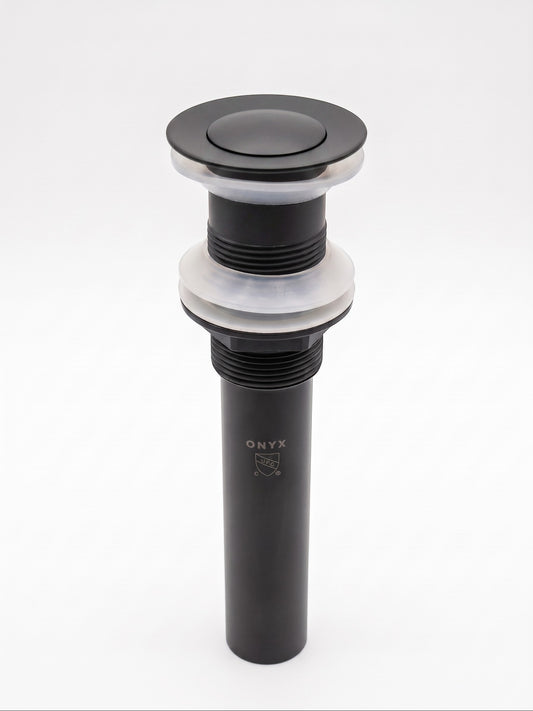 Onyx Elements matte black bathroom sink drain assembly with a push-button pop-up stopper and clear silicone gaskets.