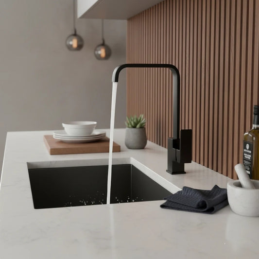 Onyx Elements modern black stainless steel kitchen faucet with high arc spout and single lever handle.