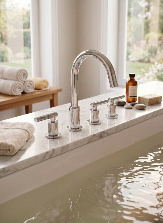 Onyx Elements three-hole widespread bathroom faucet in polished chrome with high-arc spout and two lever handles.