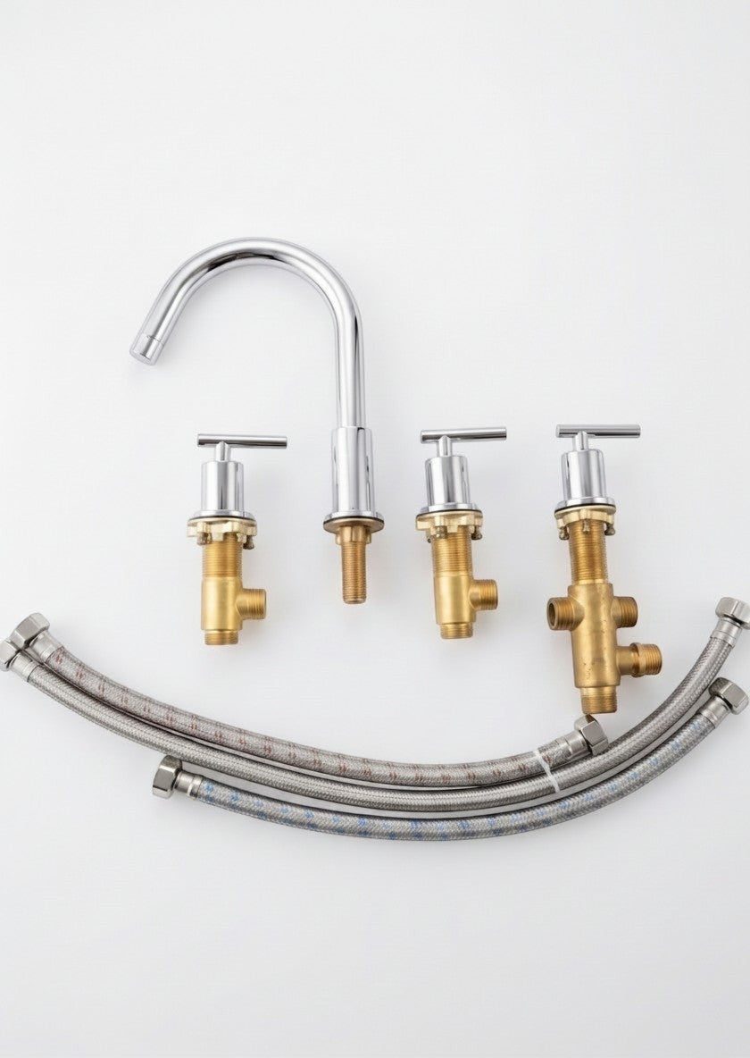 Onyx Elements three-hole widespread bathroom faucet set with polished chrome finish, high-arc spout, and supply lines.