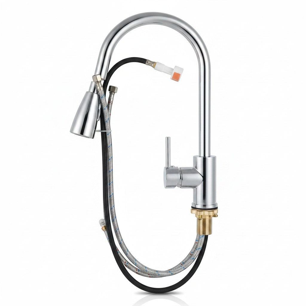 Onyx Elements matte black gooseneck kitchen faucet with pull-down sprayer and two spray functions.