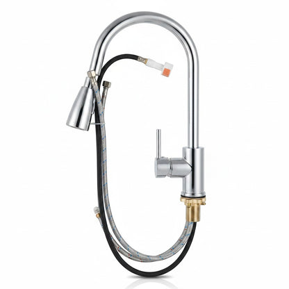 Onyx Elements matte black gooseneck kitchen faucet with pull-down sprayer and two spray functions.