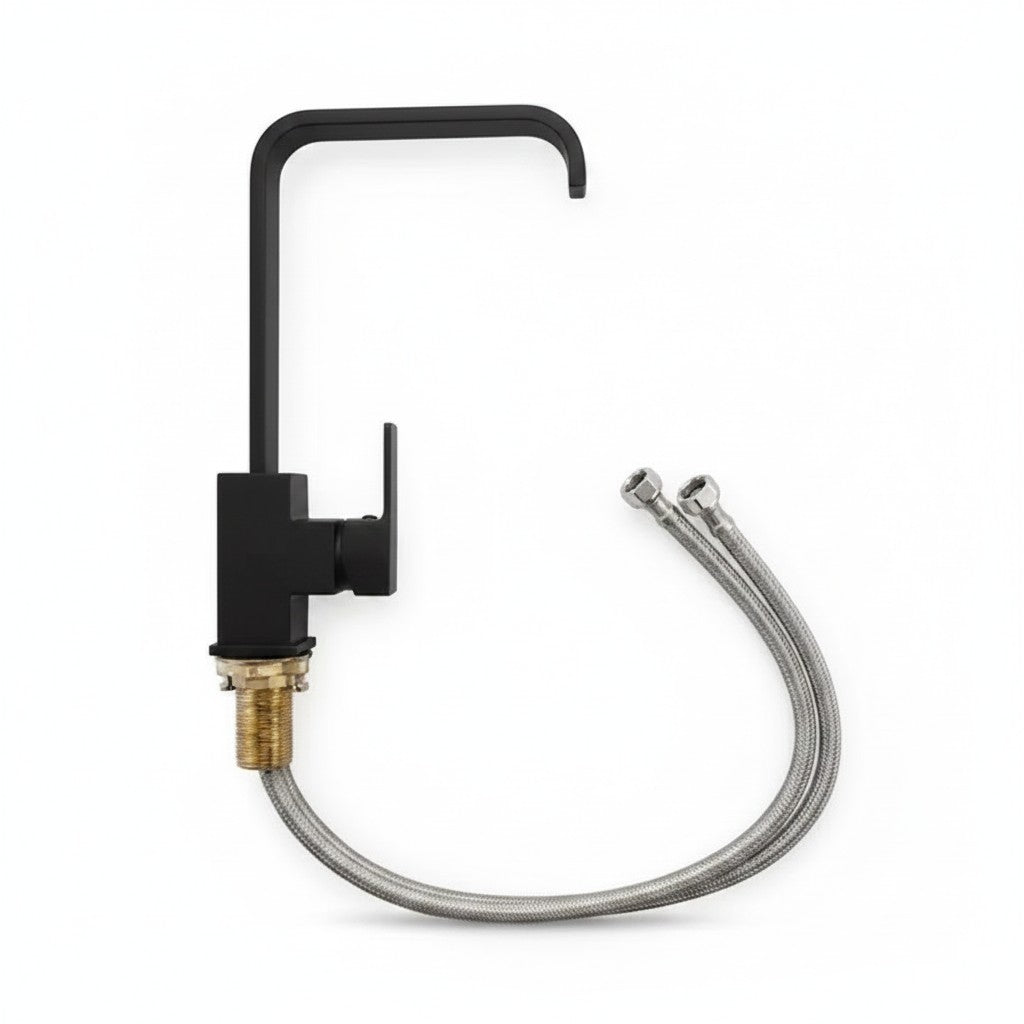 Onyx Elements modern black stainless steel kitchen faucet with high arc spout and single lever handle.