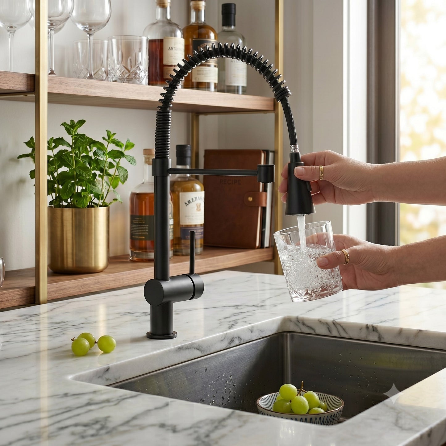 Onyx Elements matte black spring kitchen faucet with pull-down sprayer filling a glass on a marble countertop.