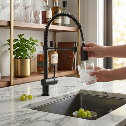 Onyx Elements matte black spring kitchen faucet with pull-down sprayer filling a glass on a marble countertop.