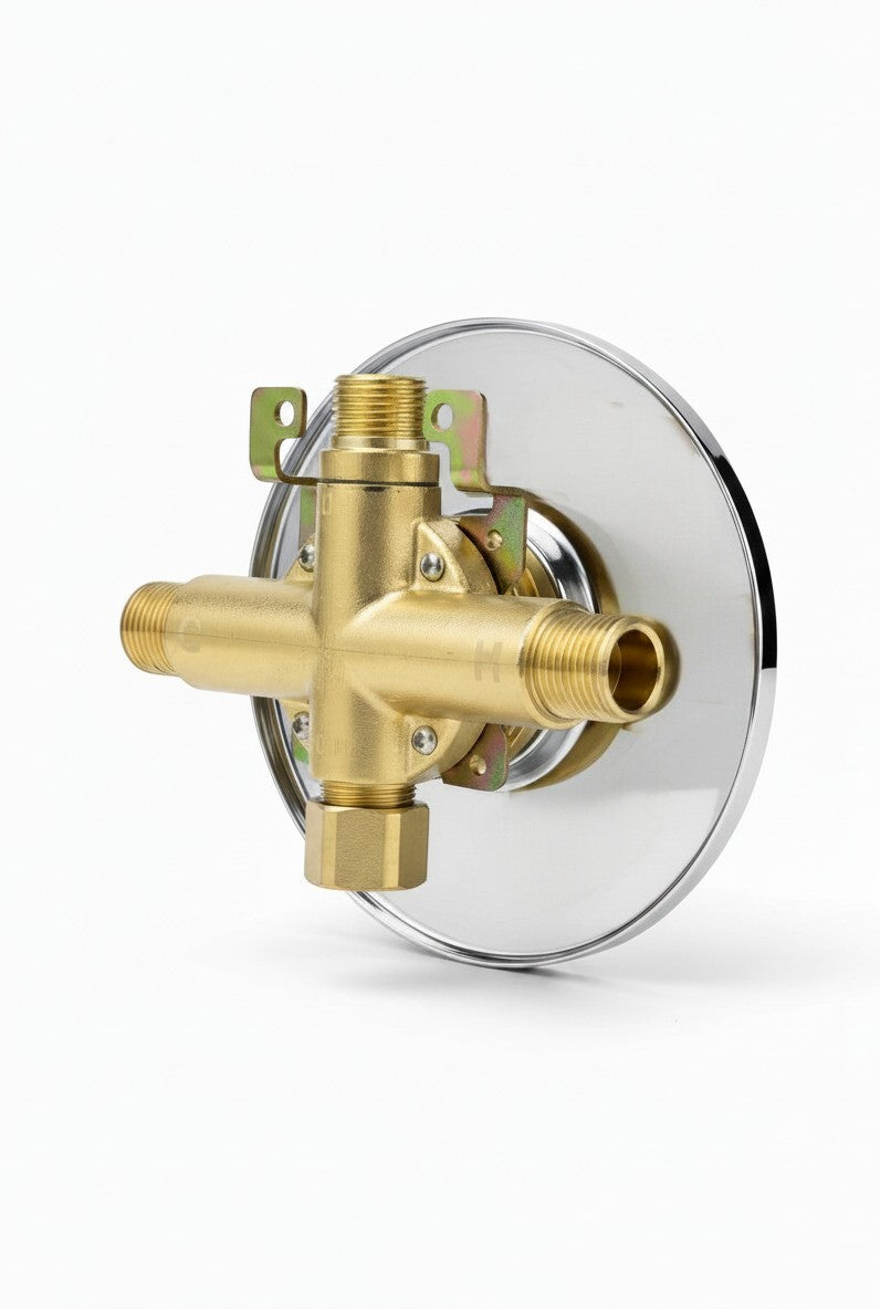 Onyx Elements brass shower valve and circular chrome escutcheon plate for modern bathroom plumbing installation.