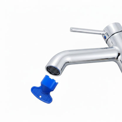 Onyx Elements modern chrome bathroom sink faucet with a removable filter and blue aerator removal tool.