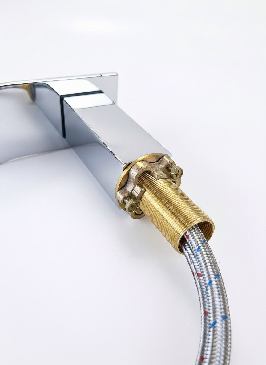 Onyx Elements modern chrome bathroom faucet featuring a durable brass body and locking nut for easy installation.