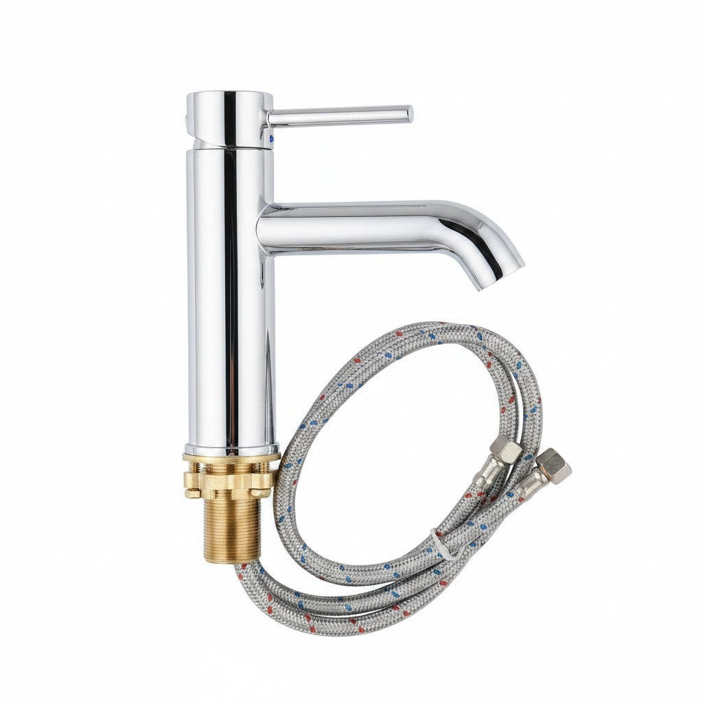 Onyx Elements modern chrome bathroom sink faucet with a single handle, brass locking nut, and flexible supply hoses.