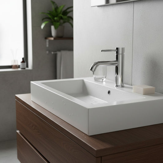 Onyx Elements modern chrome bathroom sink faucet with a sleek rounded design installed on a white rectangular basin.