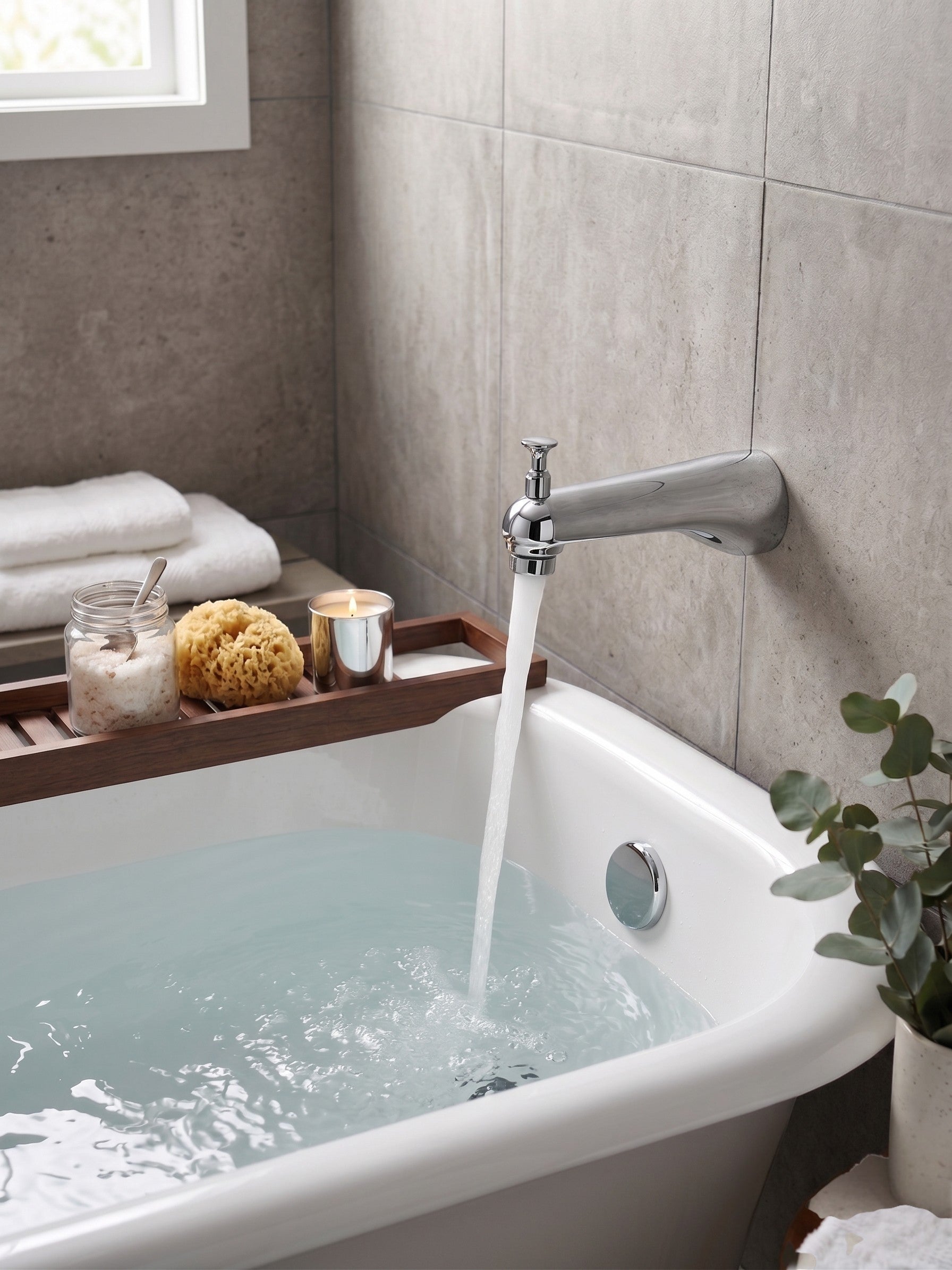 Onyx Elements chrome bathtub spout with diverter filling a white tub in a modern bathroom with spa accessories.