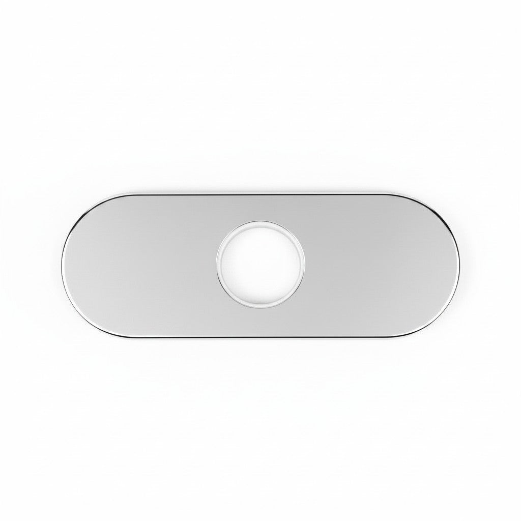 Onyx Elements chrome bathroom faucet base plate cover for 3-hole sink installations with a sleek oval design.
