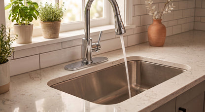 Onyx Elements chrome kitchen faucet deck plate installed on a marble countertop with a stainless steel sink.