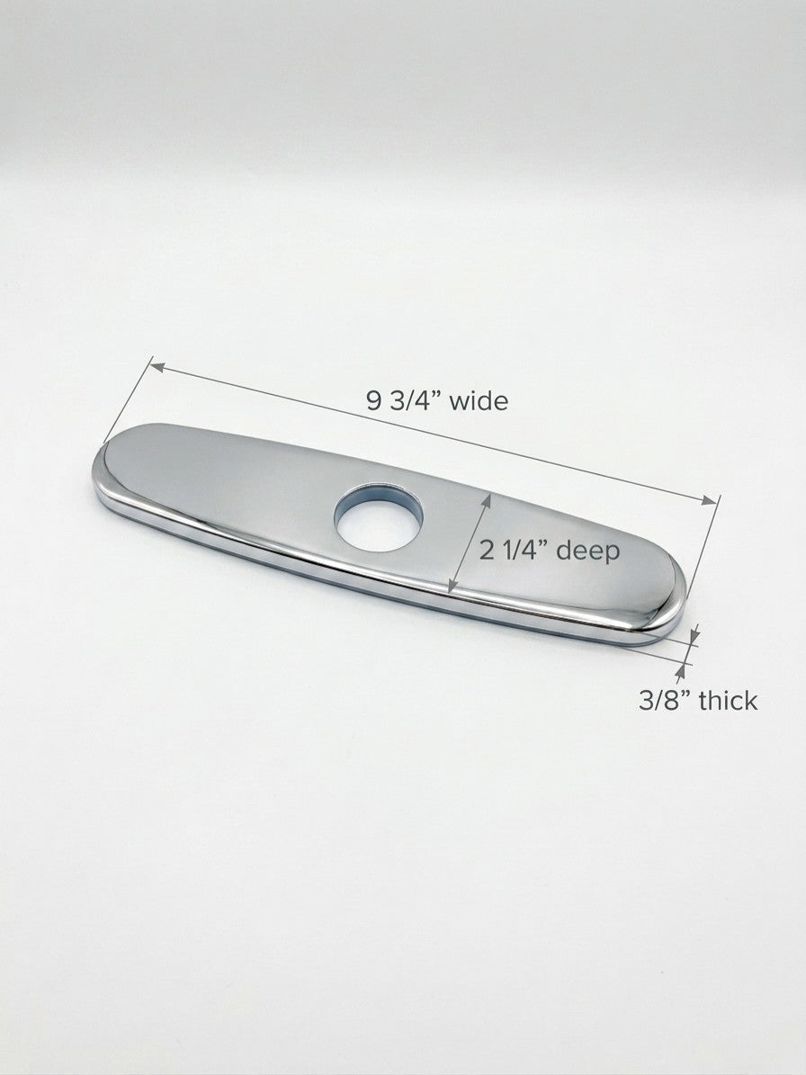 Onyx Elements chrome faucet deck plate with dimensions shown for kitchen sink installation