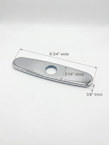Onyx Elements chrome faucet deck plate with dimensions shown for kitchen sink installation