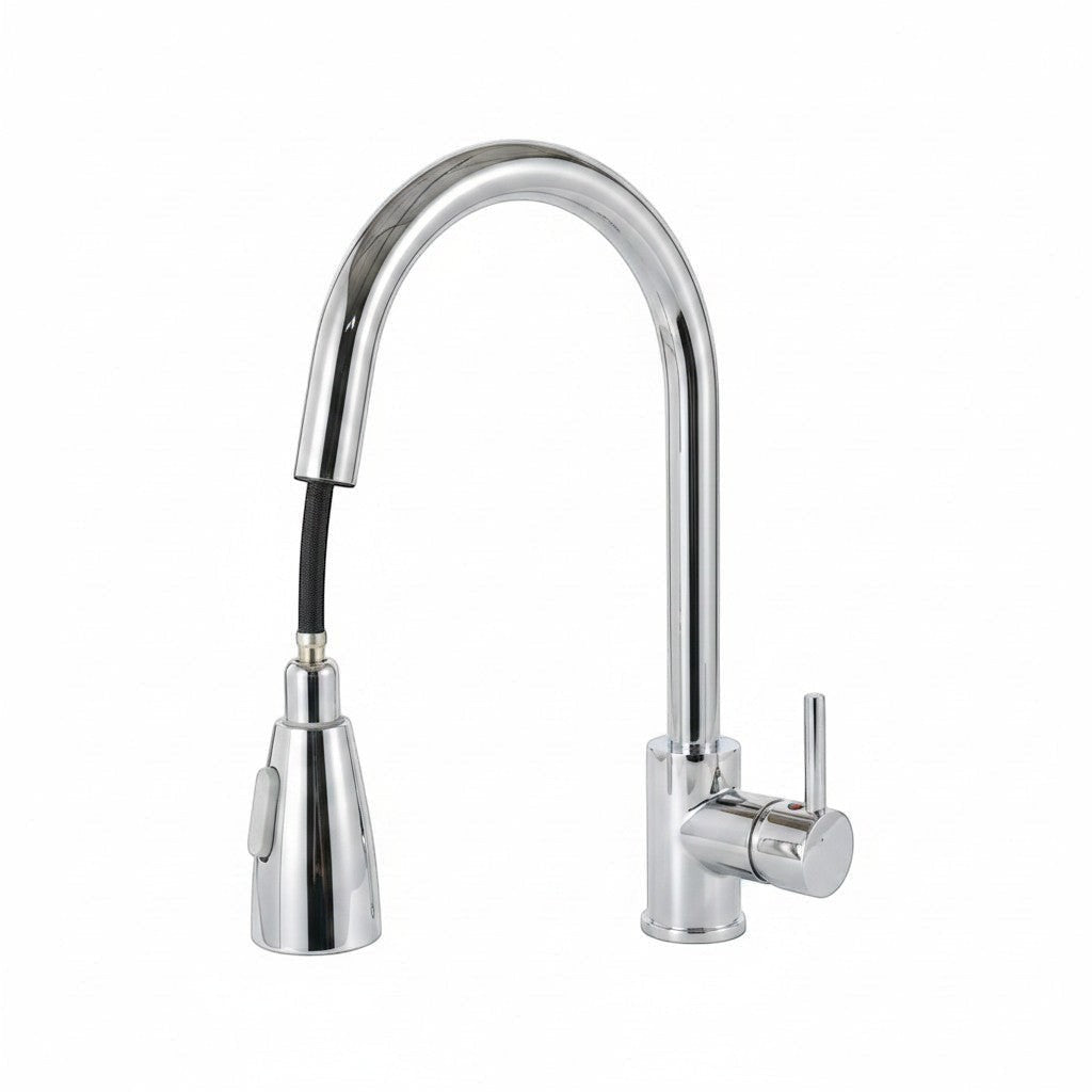 Onyx Elements modern chrome pull-down gooseneck kitchen faucet with single handle and matte black hose.
