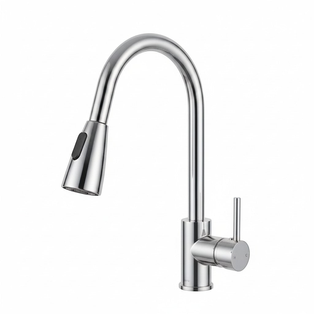 Onyx Elements chrome pull-down kitchen faucet with gooseneck spout and dual spray functions.