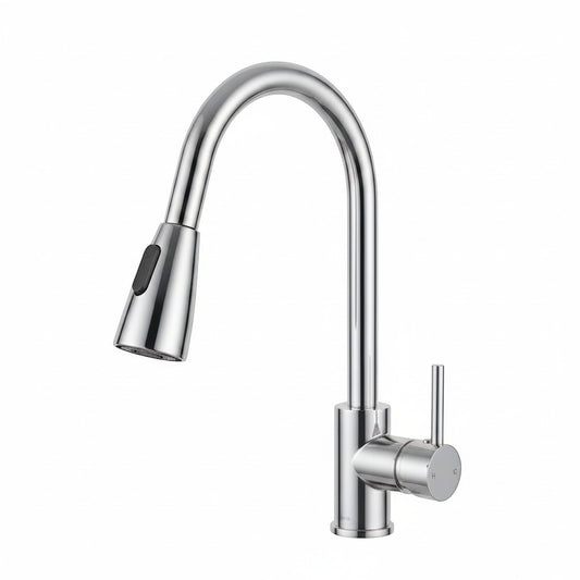 Onyx Elements chrome pull-down kitchen faucet with gooseneck spout and dual spray functions.