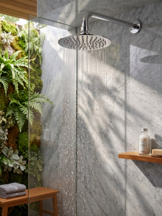 Onyx Elements polished chrome rainfall shower head in a modern marble shower with a vertical garden and teak bench.