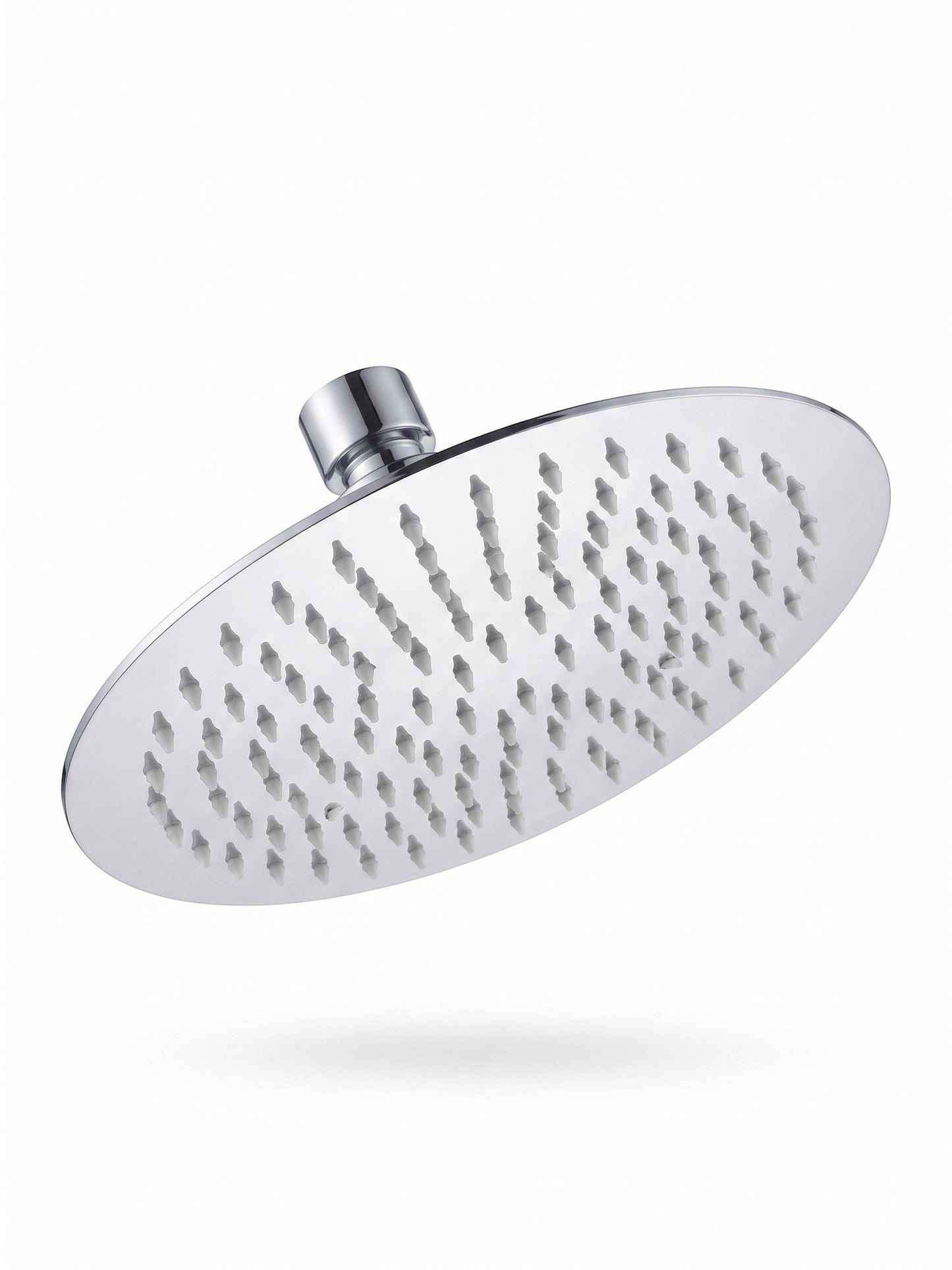 Onyx Elements round polished chrome rainfall shower head with white silicone nozzles for easy cleaning.