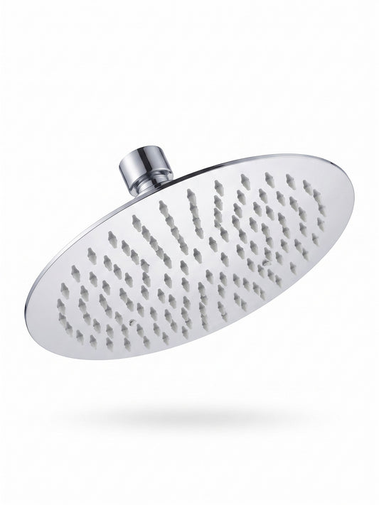Onyx Elements round polished chrome rainfall shower head with white silicone nozzles for easy cleaning.