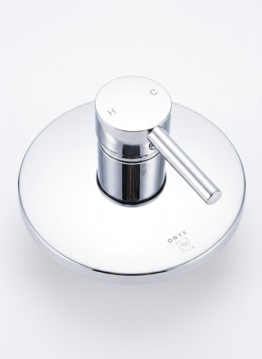 Onyx Elements chrome single-handle shower control valve with a sleek, modern circular wall plate.