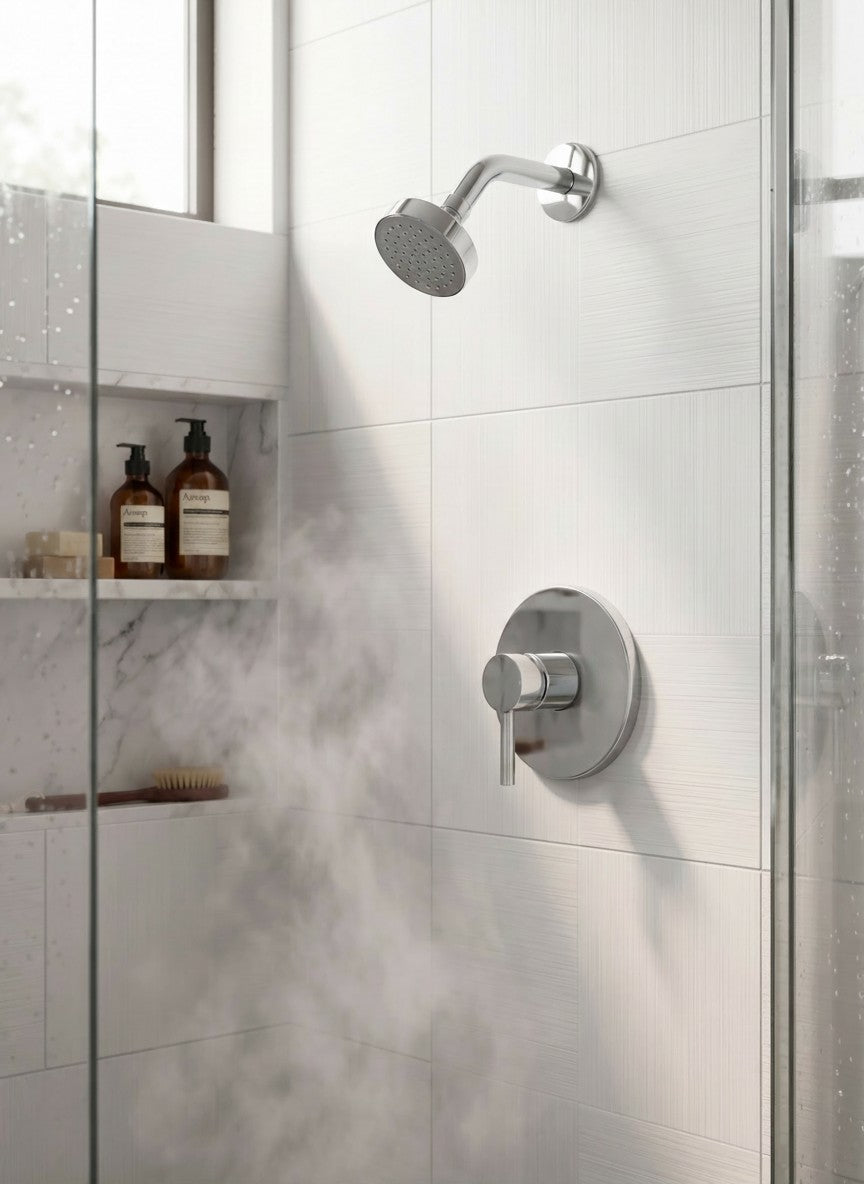 Onyx Elements modern chrome shower faucet and head set installed in a white tiled bathroom with steam.