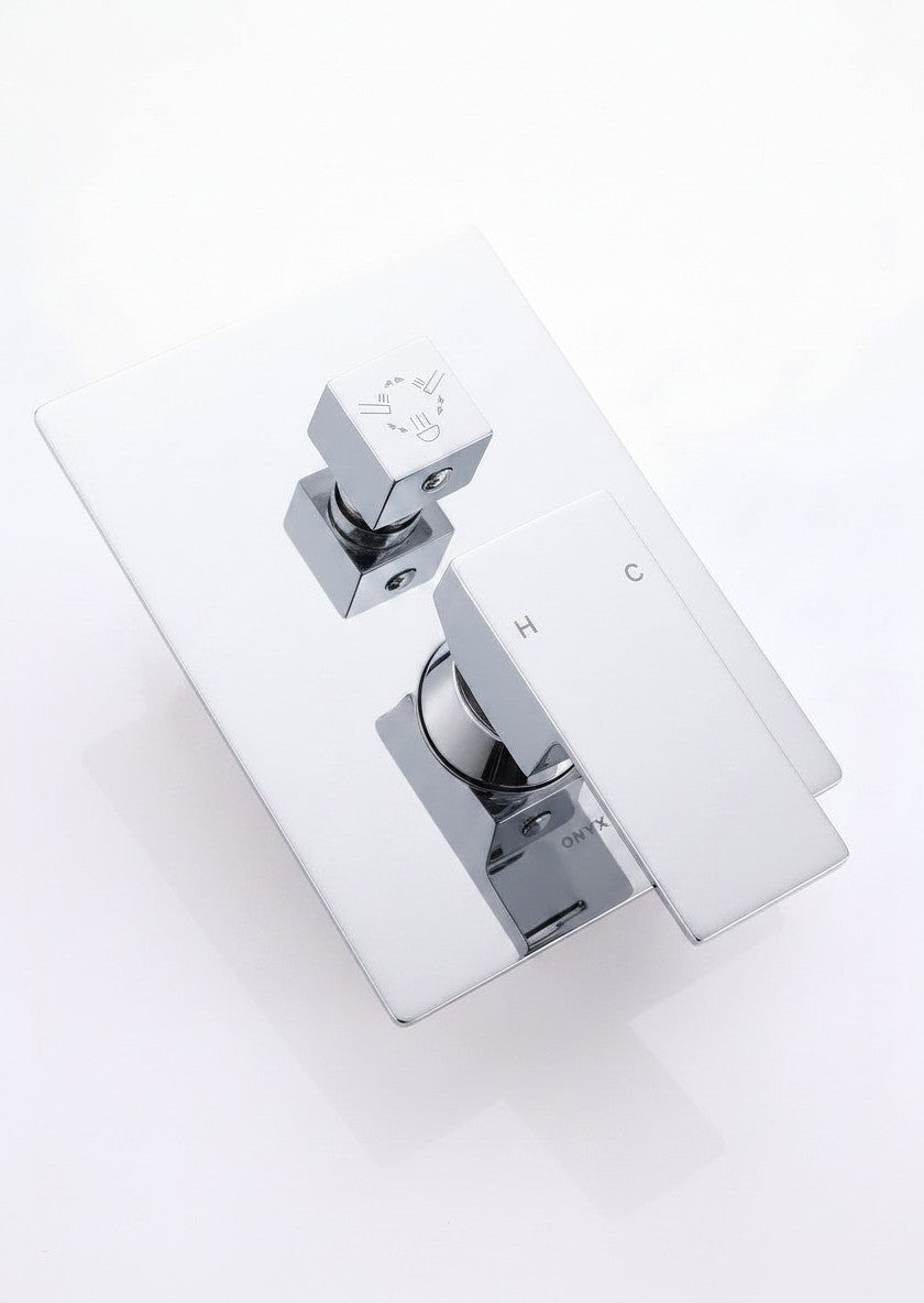 Onyx Elements chrome square pressure balance shower valve with minimalist handle and diverter on white background