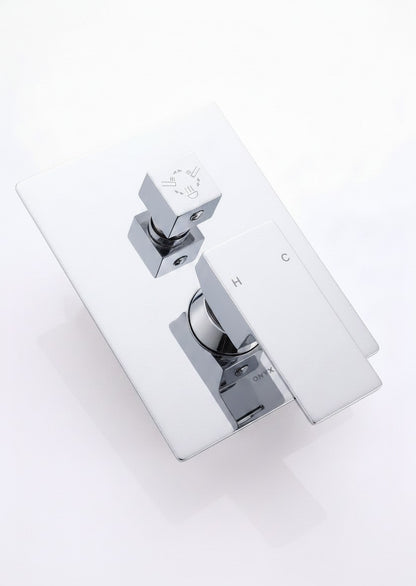 Onyx Elements chrome square pressure balance shower valve with minimalist handle and diverter on white background