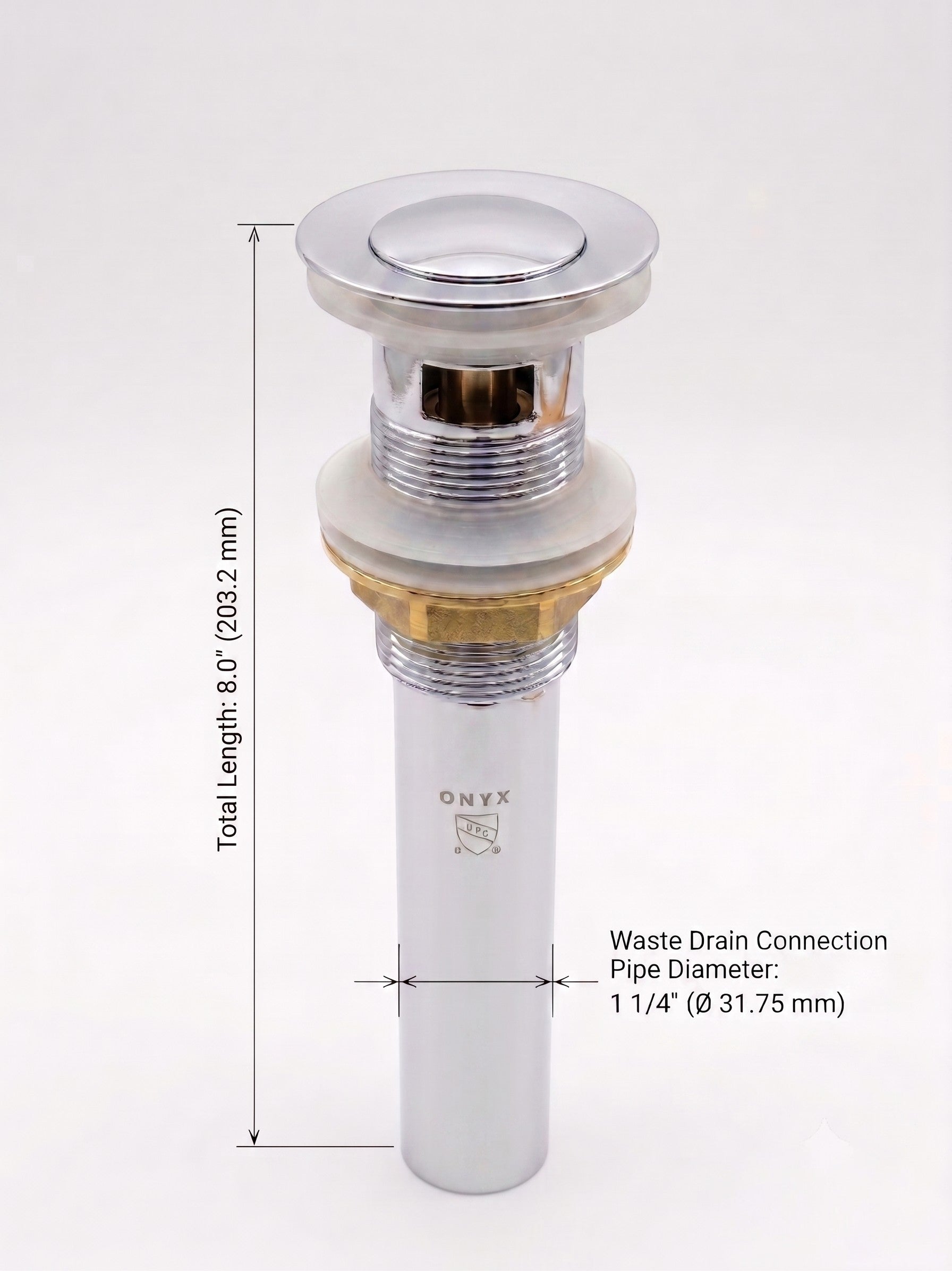 Onyx Elements chrome bathroom sink pop-up drain assembly with labeled dimensions and pipe diameter specifications.
