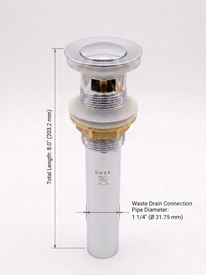 Onyx Elements chrome bathroom sink pop-up drain assembly with labeled dimensions and pipe diameter specifications.