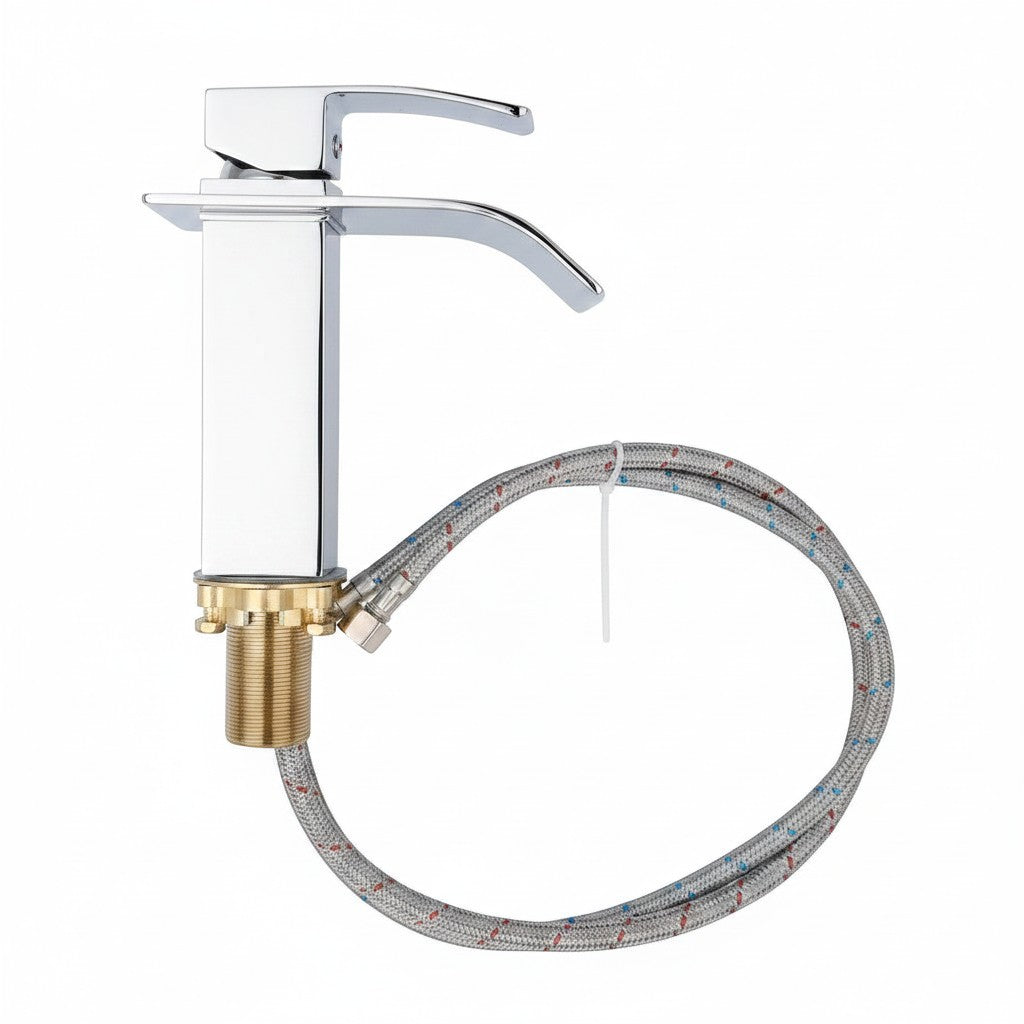 Onyx Elements modern chrome bathroom faucet with a sloped spout and durable brass body construction.