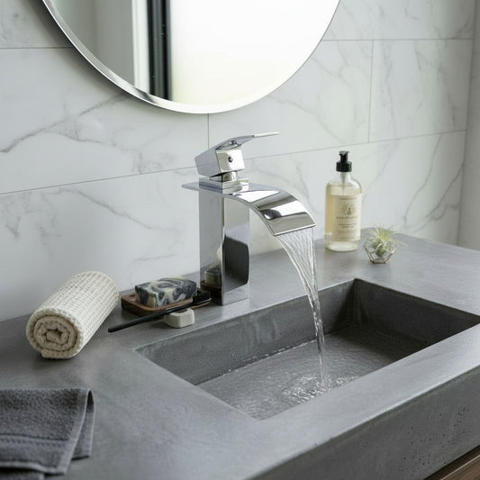 Onyx Elements modern chrome bathroom faucet with a sloped spout, installed on a grey concrete sink vanity.