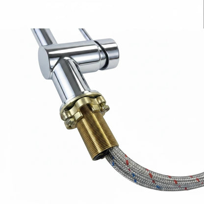 Onyx Elements chrome kitchen spring faucet base with brass locking nut and braided supply lines for easy installation