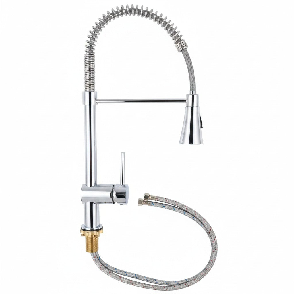 Onyx Elements chrome kitchen spring faucet with a pull-down sprayer, rotating holder, and flexible supply lines.