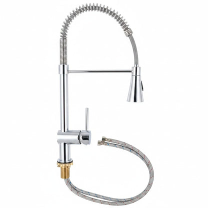 Onyx Elements chrome kitchen spring faucet with a pull-down sprayer, rotating holder, and flexible supply lines.