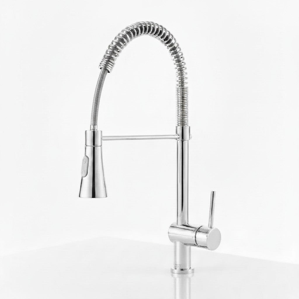 Onyx Elements chrome spring kitchen faucet with a pull-down sprayer, rotating holder, and dual spray functions.