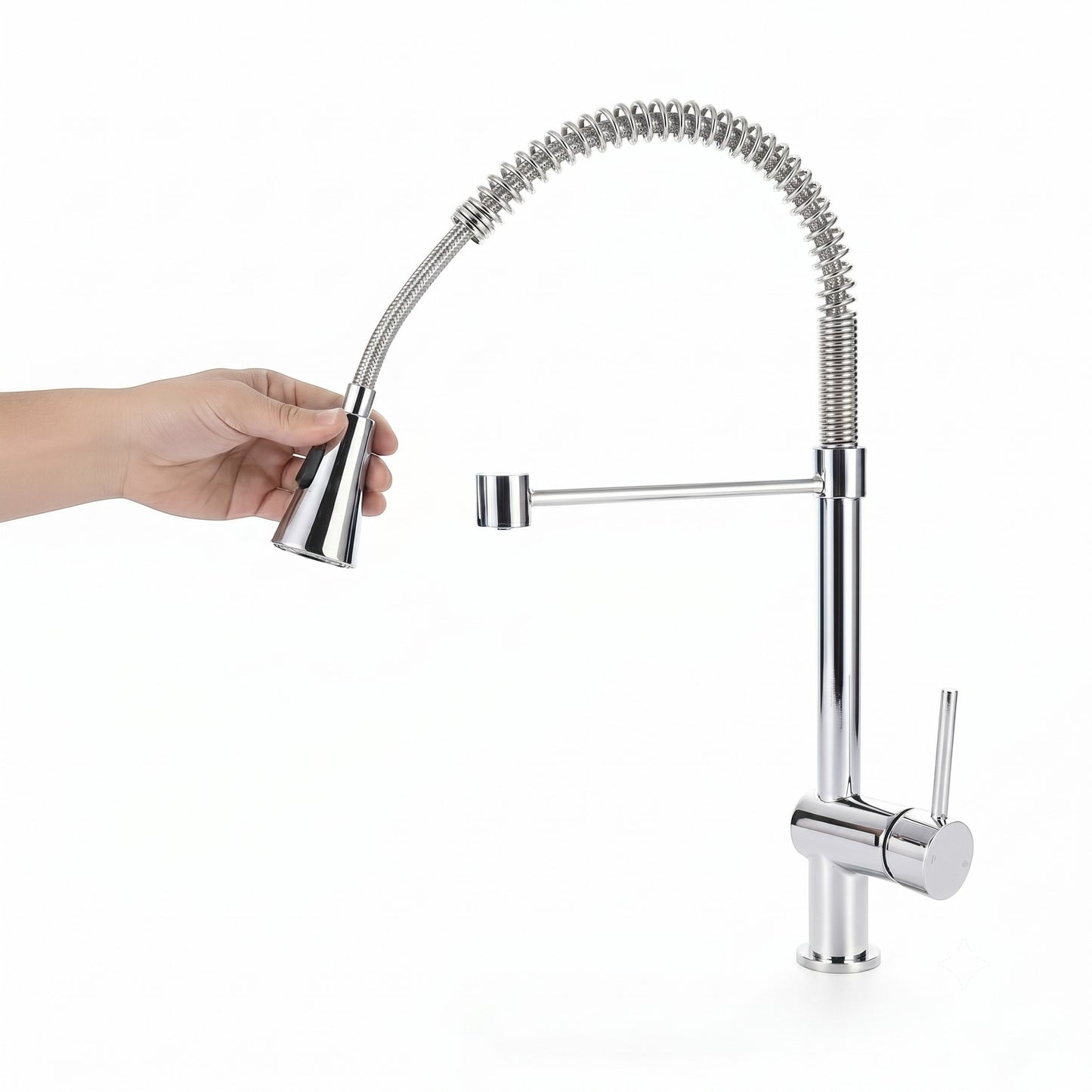 Onyx Elements chrome spring kitchen faucet with a pull-down sprayer head and rotating holder on a white background.