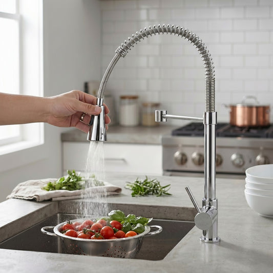 Onyx Elements chrome spring kitchen faucet with pull-down sprayer rinsing fresh tomatoes in a modern kitchen sink.