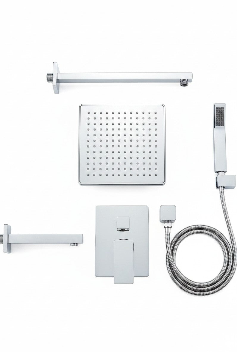 Onyx Elements modern chrome square rainfall shower system with handheld wand, shower arm, and pressure balance valve.