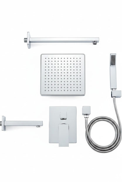 Onyx Elements modern chrome square rainfall shower system with handheld wand, shower arm, and pressure balance valve.