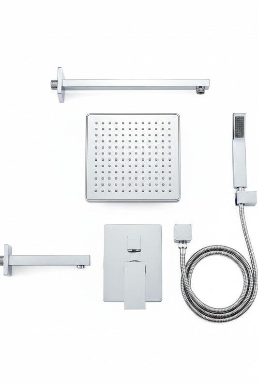Onyx Elements modern chrome square rainfall shower system with handheld wand, shower arm, and pressure balance valve.