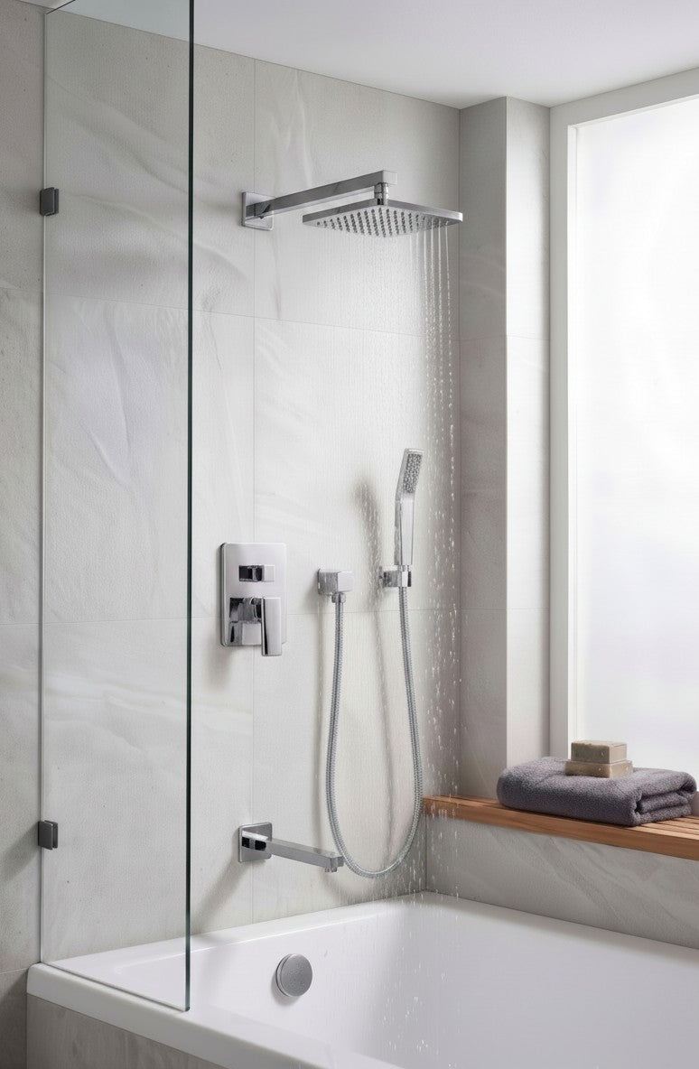 Onyx Elements chrome square rainfall shower system with handheld wand and tub spout in a modern tiled bathroom