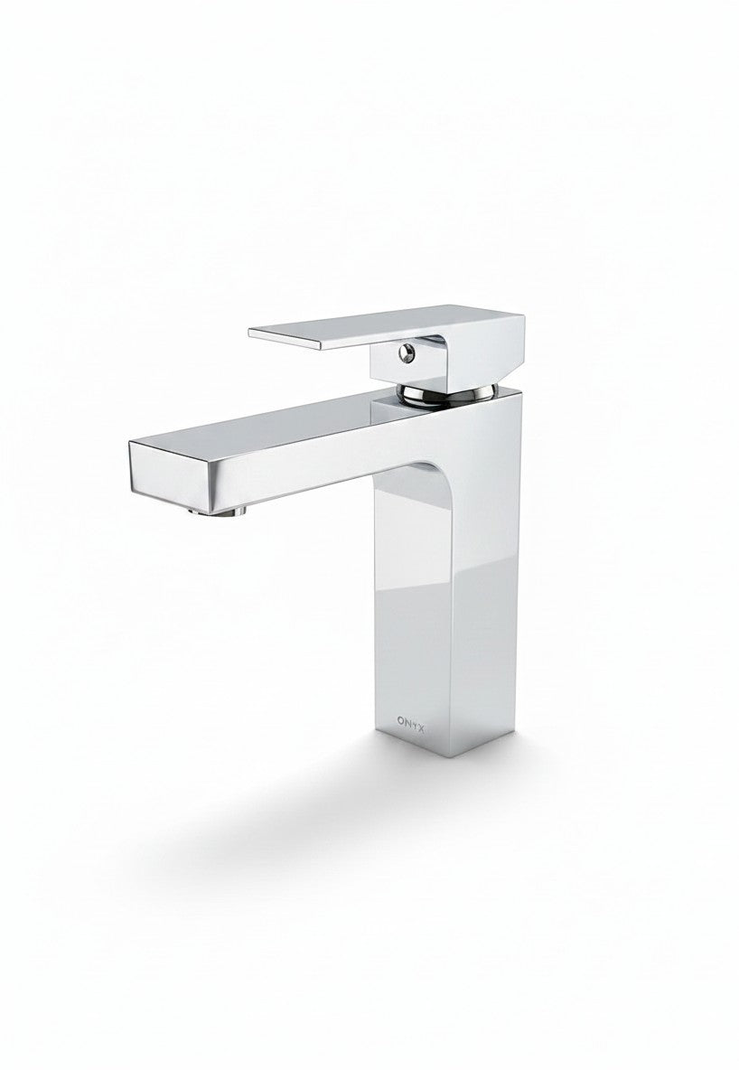 Onyx Elements chrome bathroom sink faucet with a modern squared edge design and single handle.