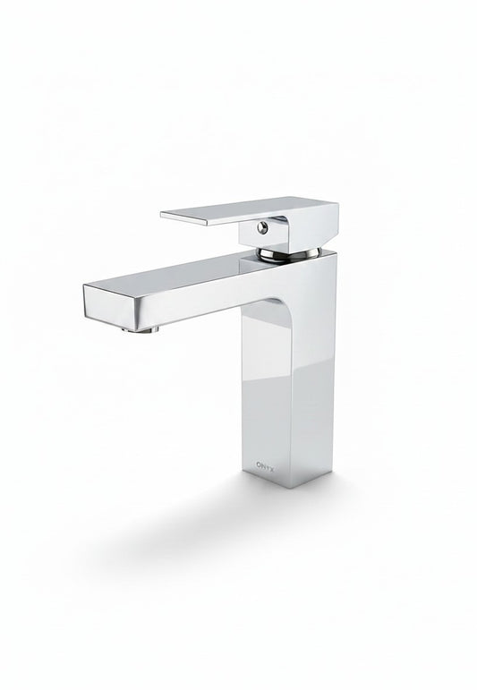 Onyx Elements chrome bathroom sink faucet with a modern squared edge design and single handle.