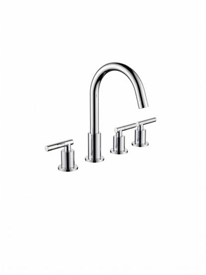 Onyx Elements three-hole widespread bathroom faucet in polished chrome with a high-arc spout and two lever handles.