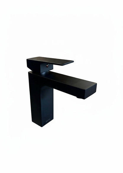 Onyx Elements modern matte black single-handle bathroom sink faucet with a sleek geometric square design.